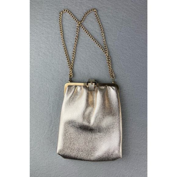 Vintage Shiny Gold Metallic Clutch Evening Bag Buckle Detail Gold Chain Strap - Picture 1 of 11